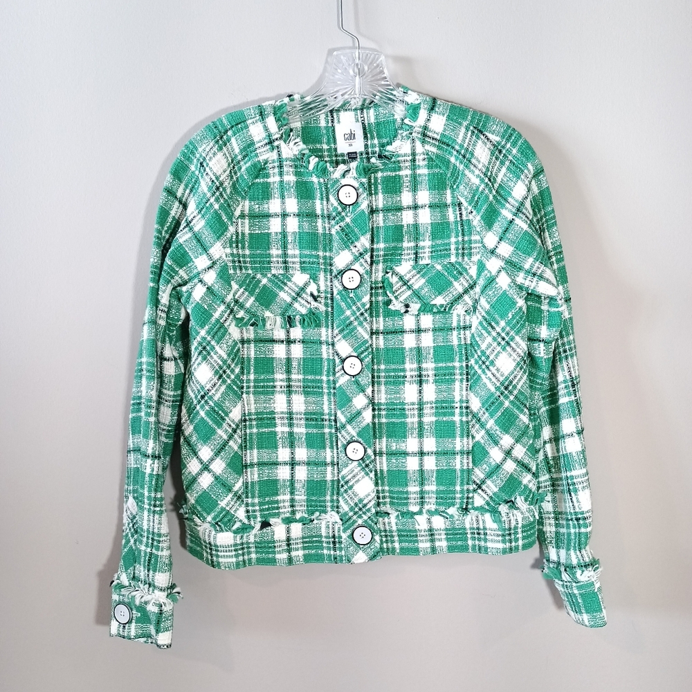 Cabi Tweed Library Jacket Green White Check Plaid Blazer Jacket Size XS